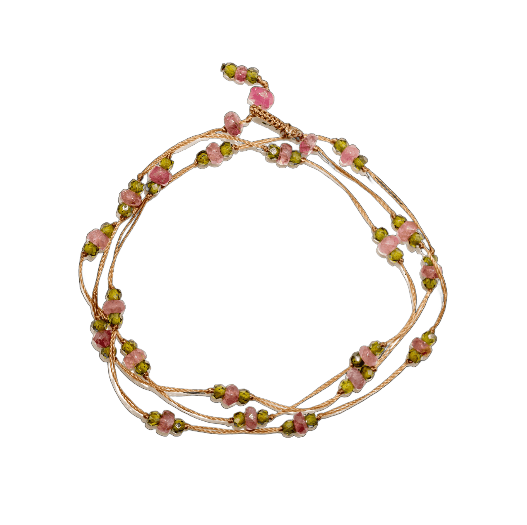 Collier & Bracelet Modulable Loopy Sharing en Tourmaline Rose, fil tabac, 52 cm