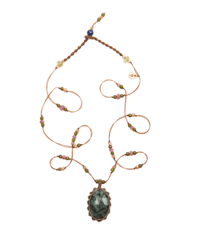 Collier Court Tibétain - Émeraude - Mix Tourmaline - Fil Tabac