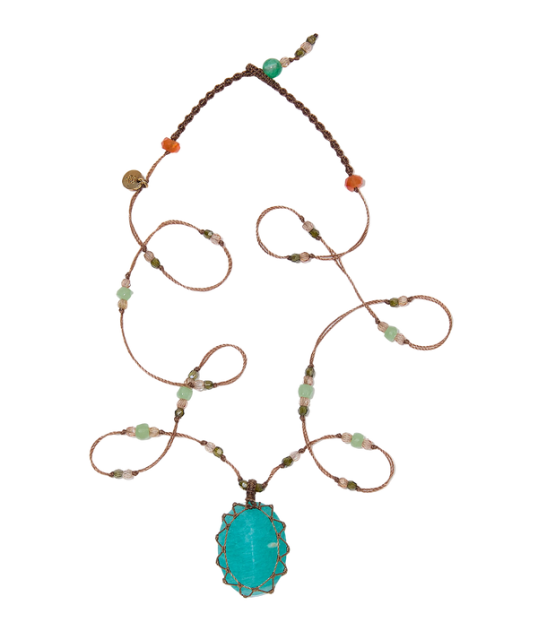 Halskette Court Tibétain - Blaue Amazonite - Mix Rosa Tourmalin - Beiger Faden