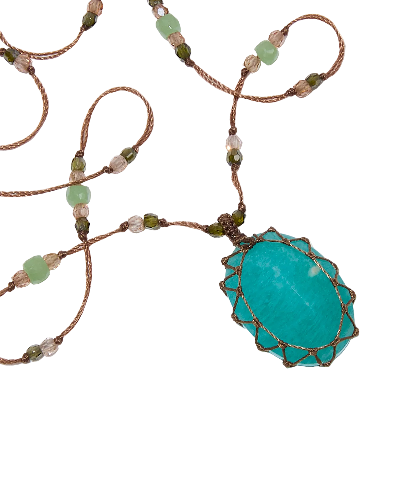 Collier Court Tibétain Sharing Amazonite, porté au cou