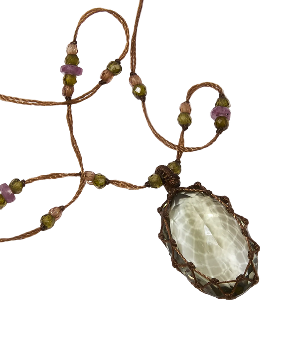 Collana Corta Tibetana - Ametista Viola Scuro - Mix Tormalina - Filo Tabacco
