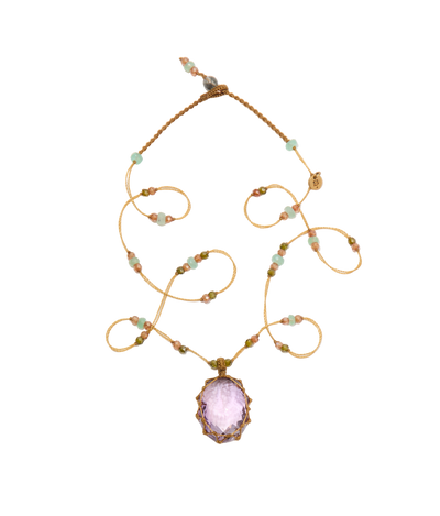 Collier Court Tibétain - Améthyste Violette Claire - Mix Chrysoprase - Fil Beige