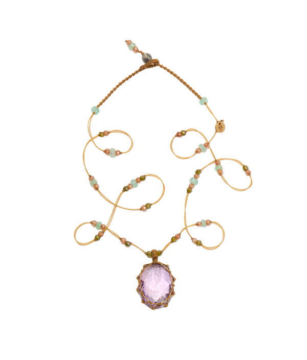 Collier Court Tibétain - Améthyste Violette Claire - Mix Chrysoprase - Fil Beige