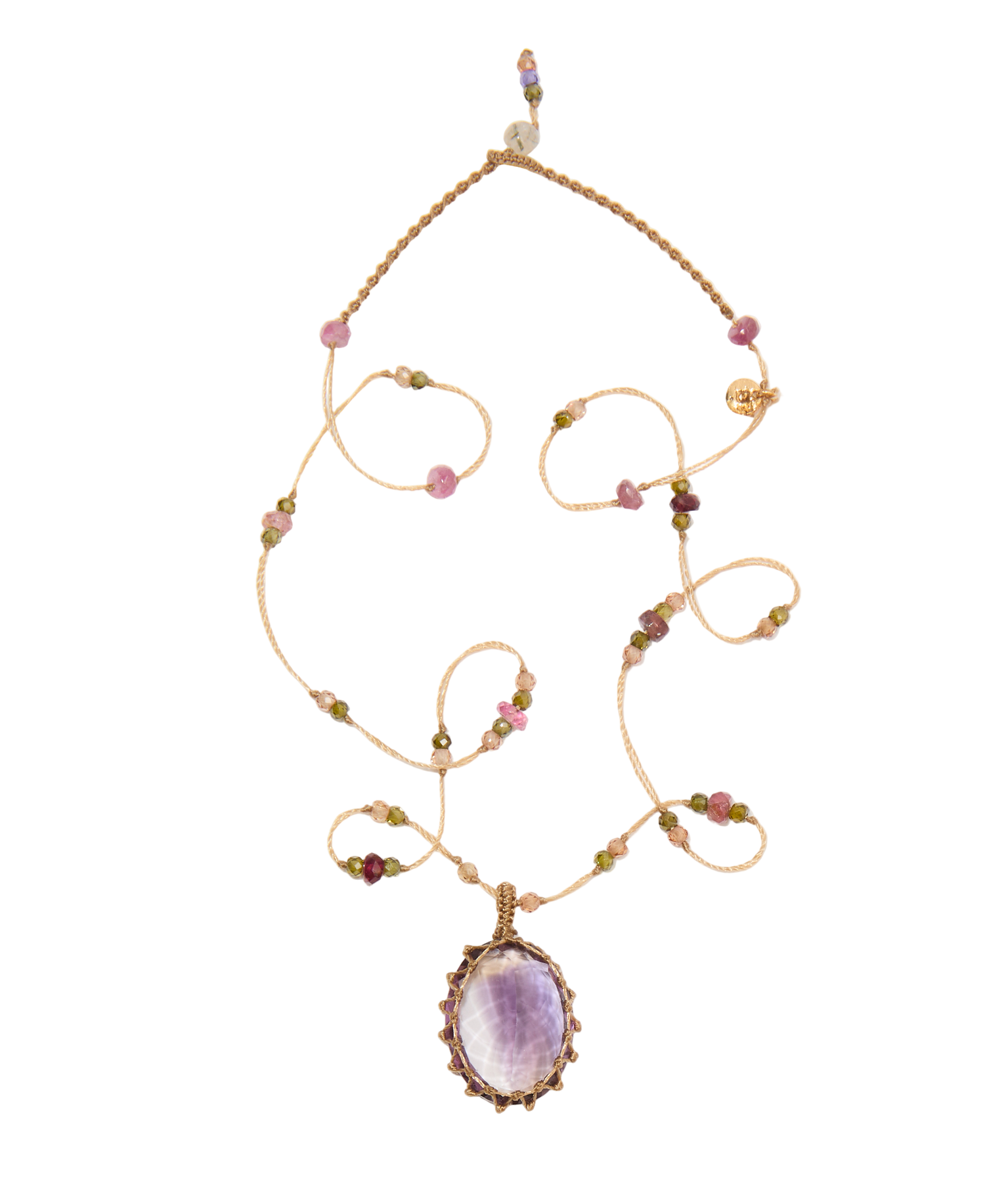 Collier Court Tibétain Sharing en Améthyste Violette, fil beige, 53 cm