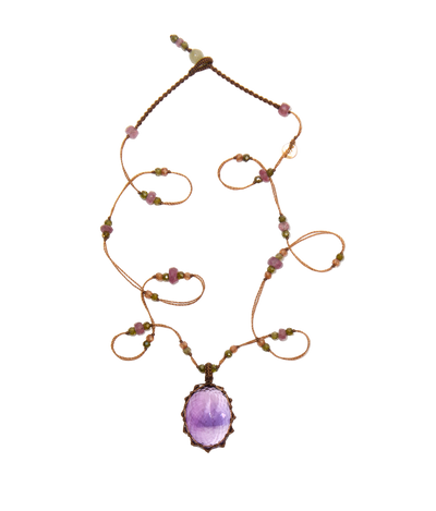 Collier Court Tibétain - Améthyste Violette Foncée - Mix Tourmaline - Fil Tabac