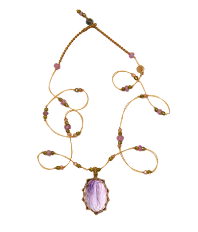 Kurze Tibet-Kette - Dunkelvioletter Amethyst - Turmalin-Mix - Tabakfarbener Faden
