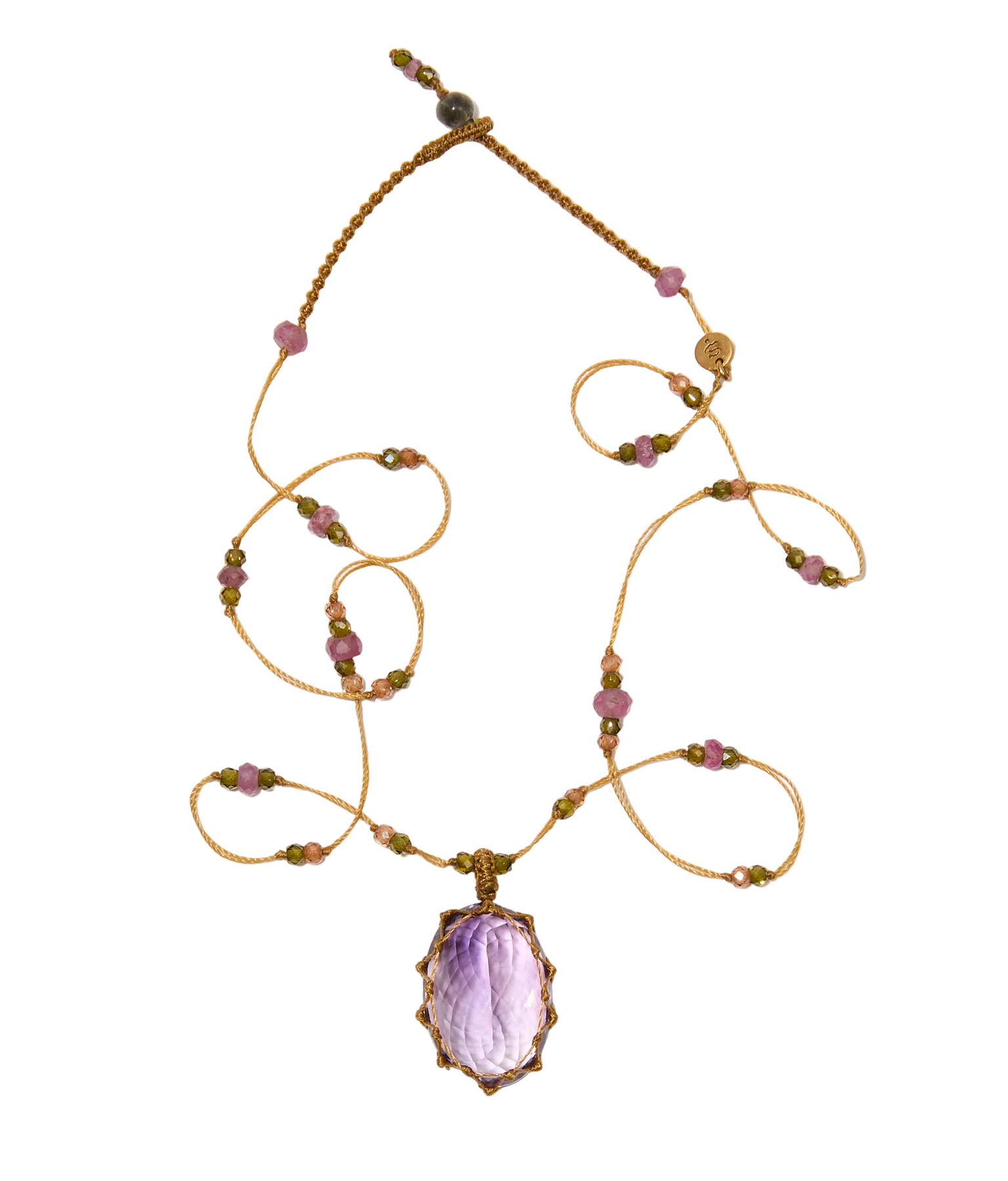 Collier Court Tibétain Sharing en Améthyste Violette, fil beige, 53 cm