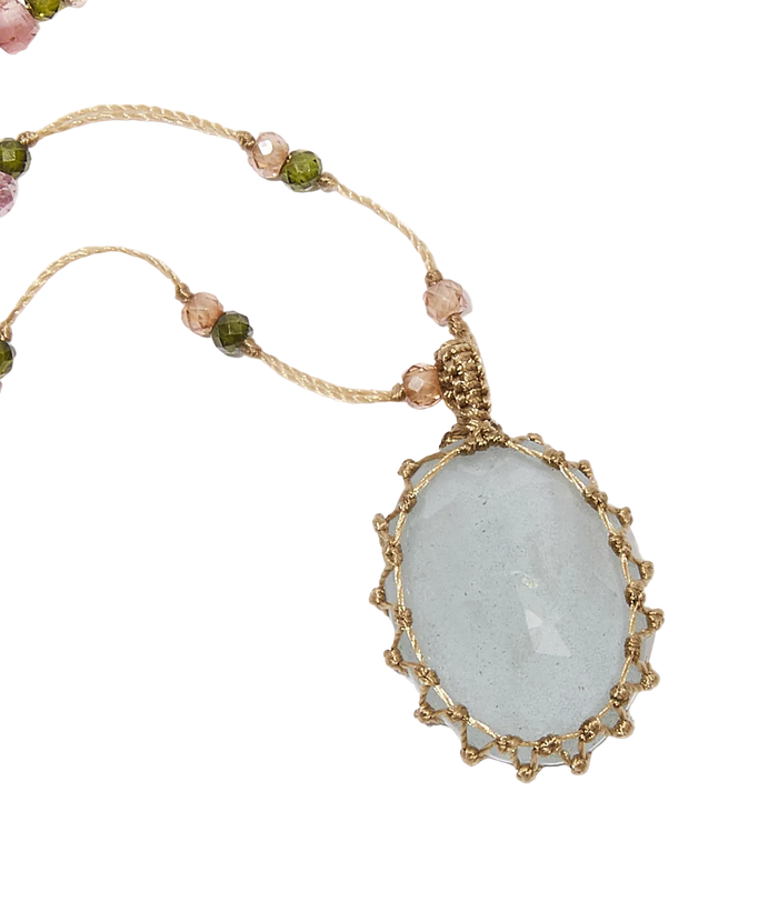 Collier Court Tibétain | Aquamarine - Fil Beige & Tourmaline