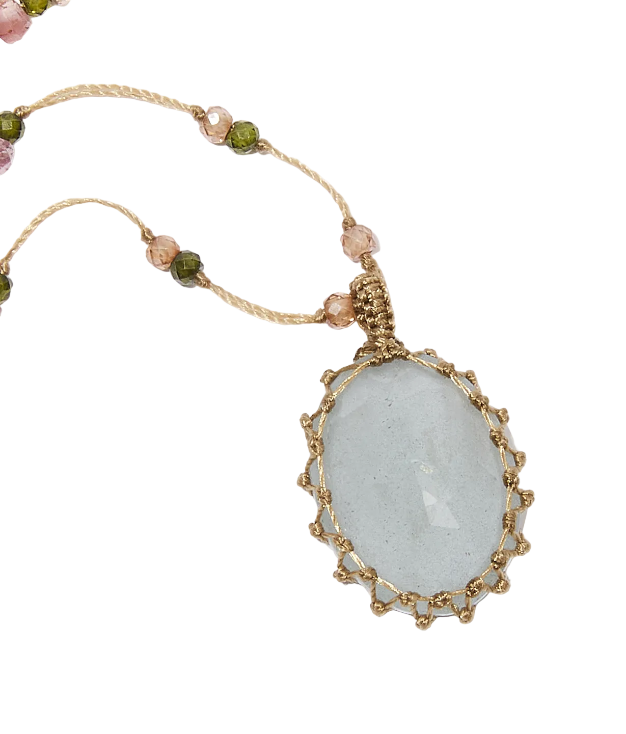 Collier Court Tibétain | Aquamarine - Fil Beige & Tourmaline