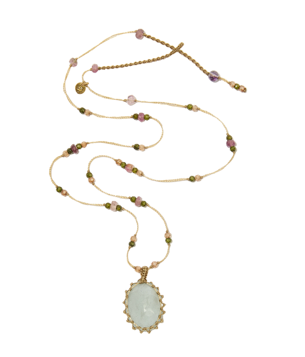 Collier Court Tibétain | Aquamarine - Fil Beige & Tourmaline
