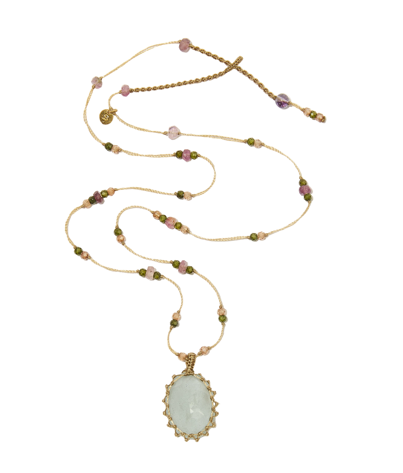 Collier Court Tibétain | Aquamarine - Fil Beige & Tourmaline