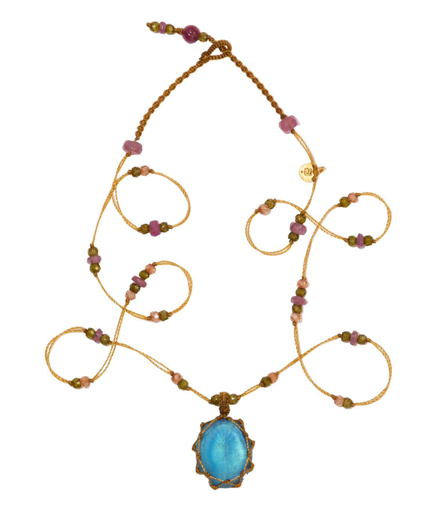 Collier Court Tibétain Sharing en Aigue-Marine, fil beige, 53 cm