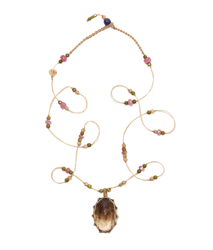 Tibetan short necklace - Bio Lemon - Mix Tourmaline - Tobacco thread