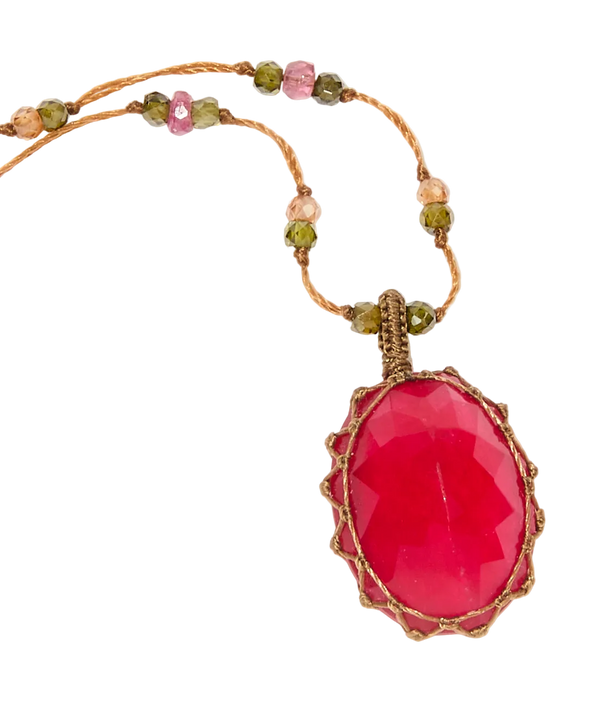 Collier Court Tibétain - Calcédoine rouge - Mix Tourmaline - Fil Tabac