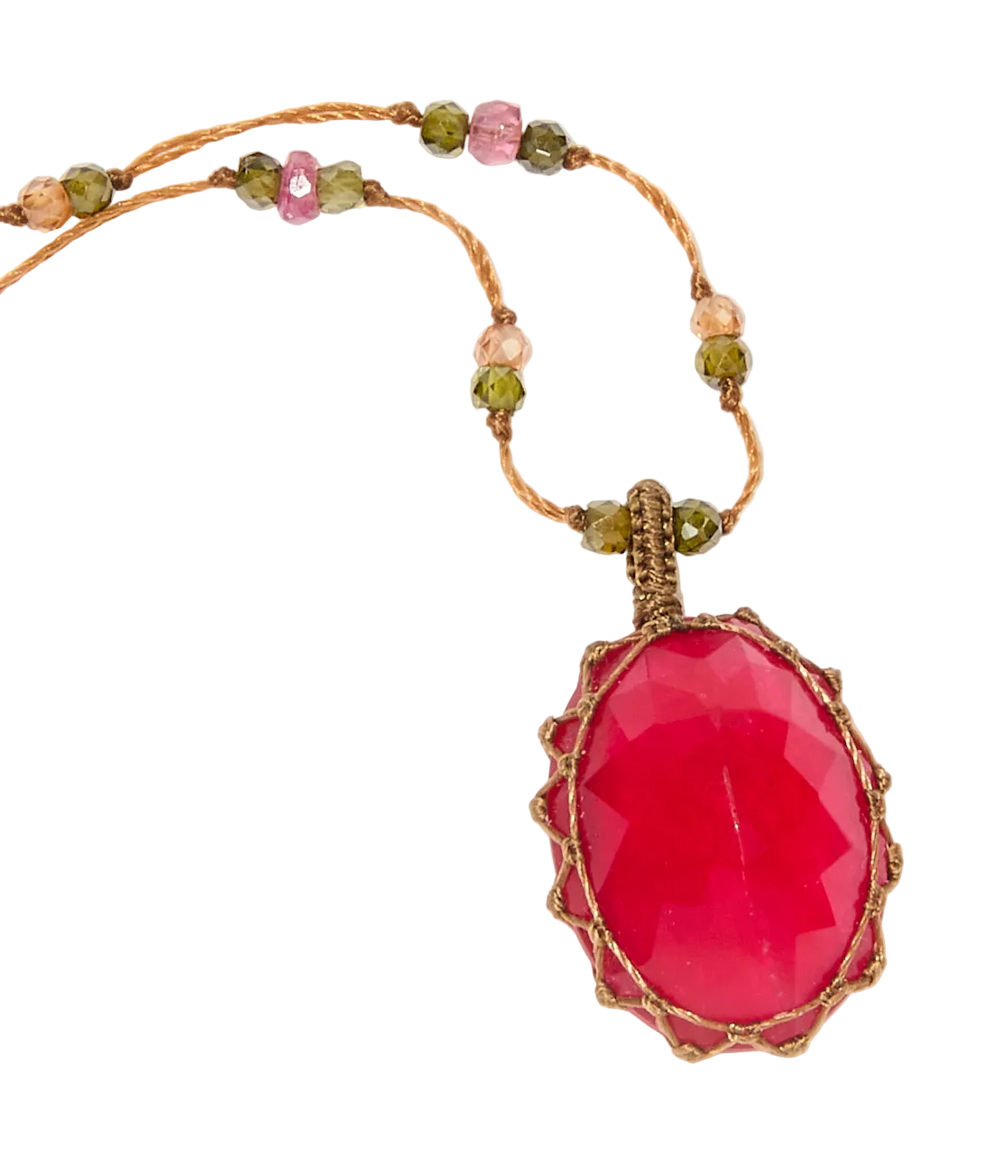 Collier Court Tibétain - Calcédoine rouge - Mix Tourmaline - Fil Tabac