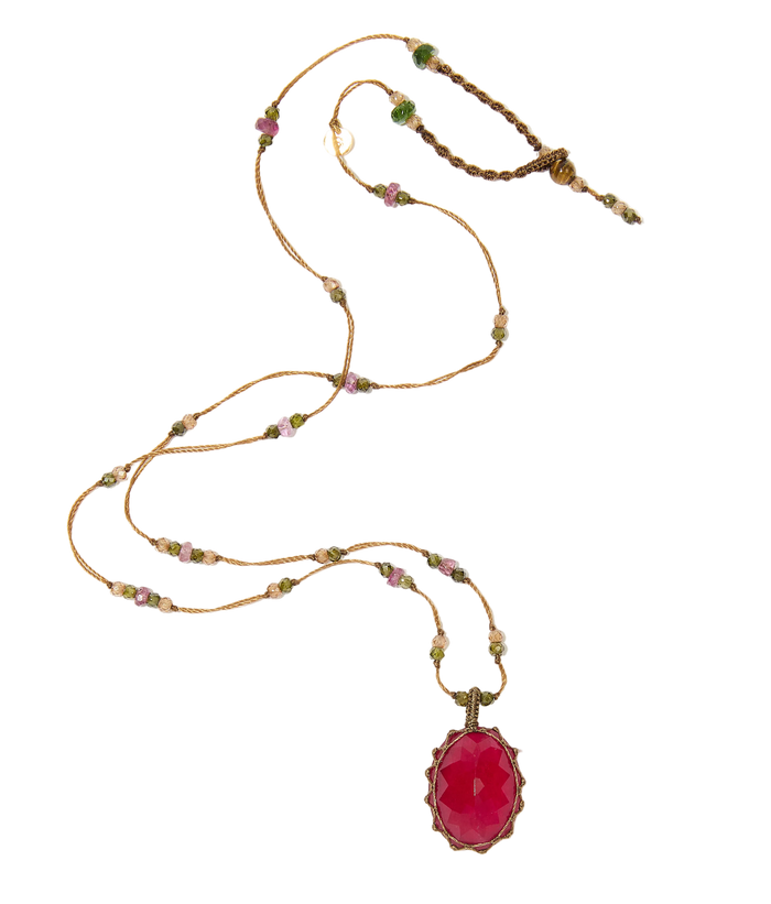 Collier Court Tibétain - Calcédoine rouge - Mix Tourmaline - Fil Tabac