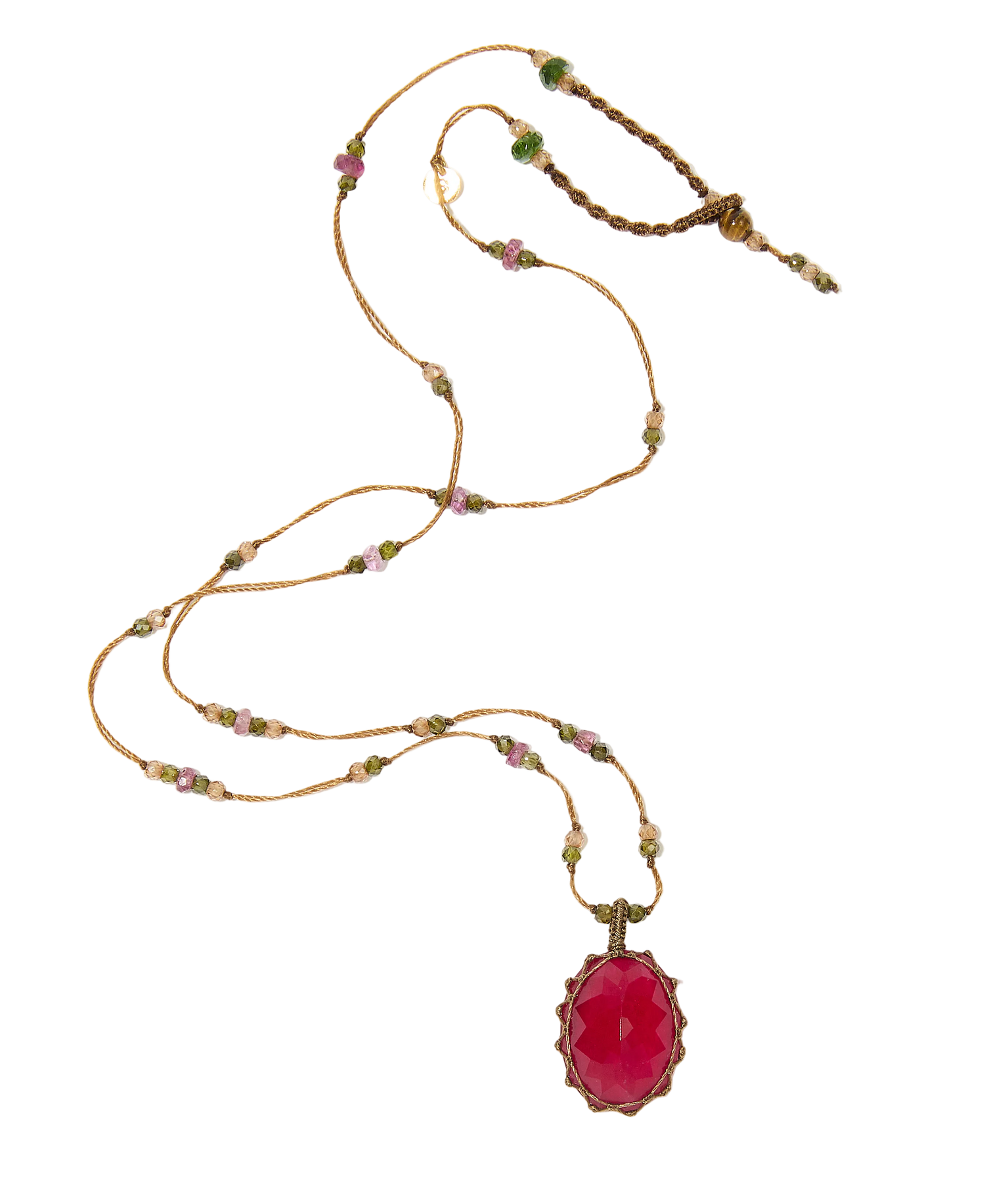 Collier Court Tibétain - Calcédoine rouge - Mix Tourmaline - Fil Tabac