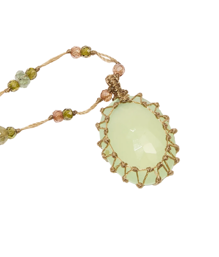 Collier Court Tibétain - Calcédoine verte -  Mix Saphir - Fil Beige