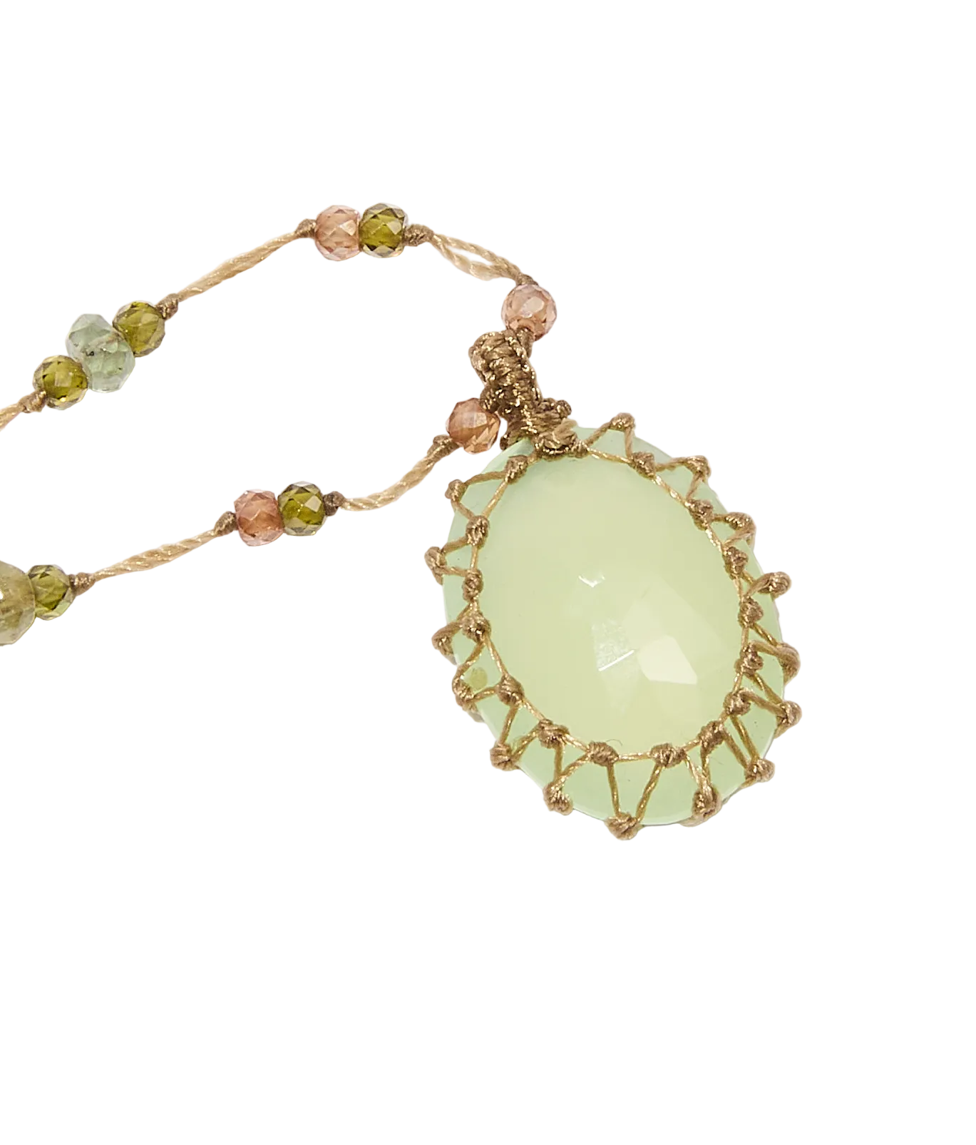 Collier Court Tibétain - Calcédoine verte -  Mix Saphir - Fil Beige