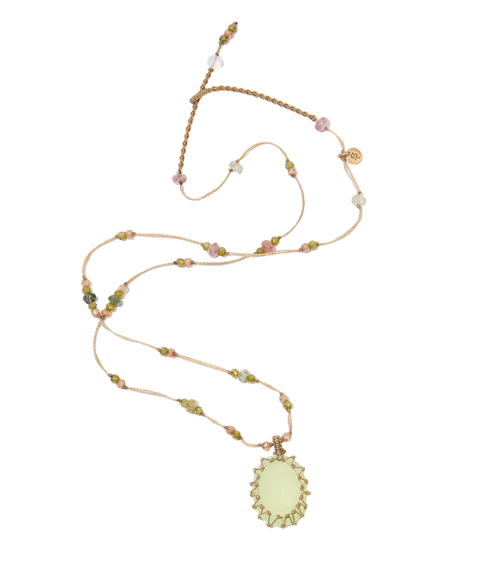 Collier Court Tibétain - Calcédoine verte -  Mix Saphir - Fil Beige