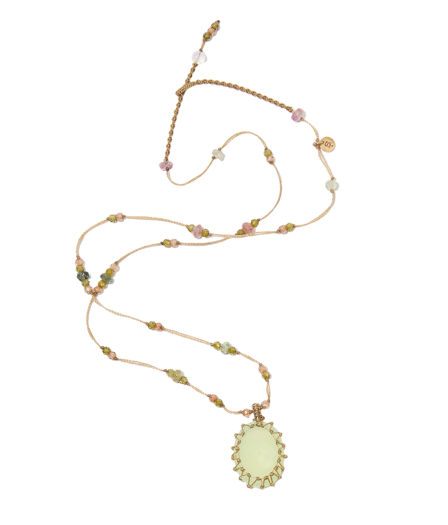 Collier Court Tibétain - Calcédoine verte -  Mix Saphir - Fil Beige