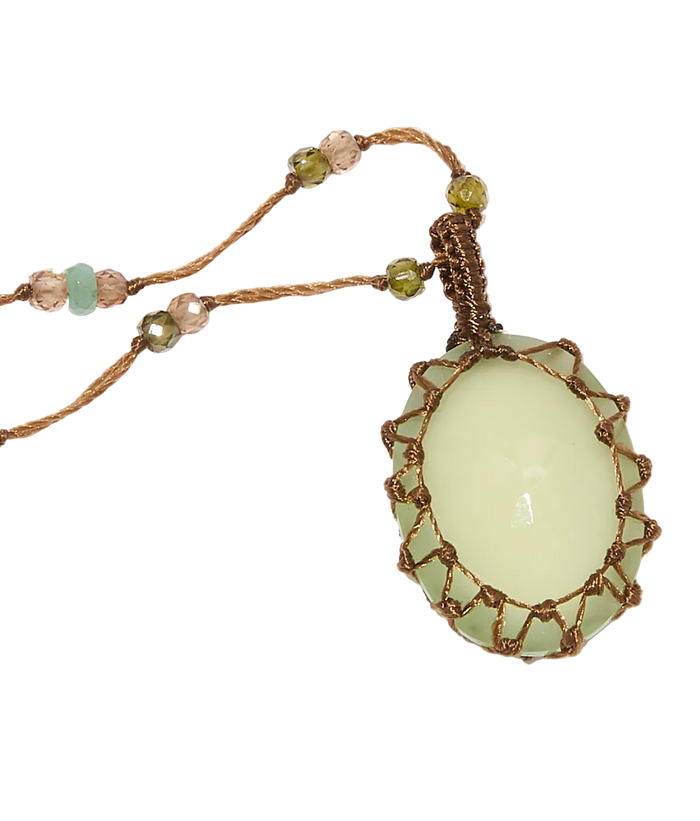 Collier Court Tibétain - Calcédoine verte - Mix Emeraude - Fil Tabac