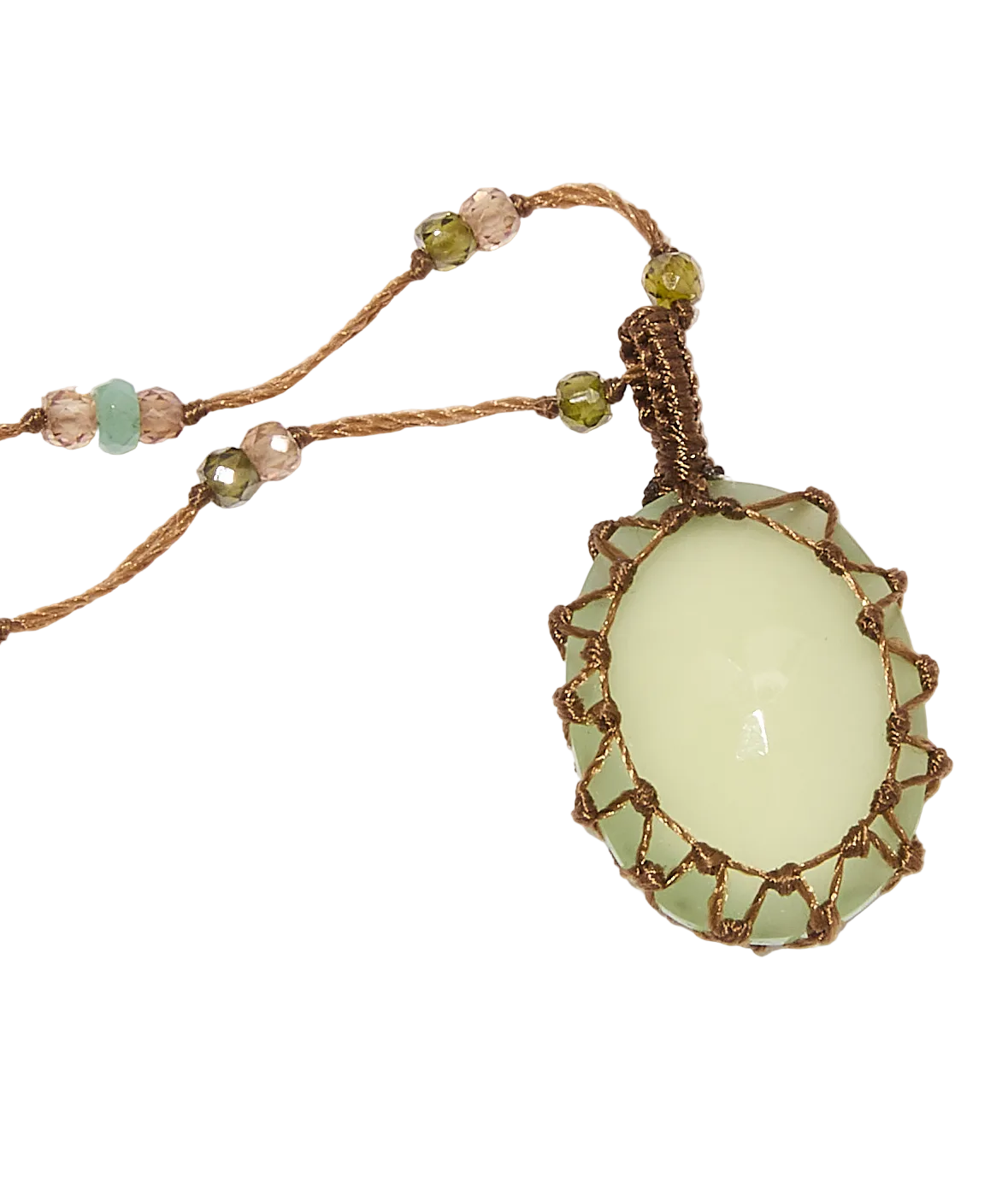 Collier Court Tibétain - Calcédoine verte - Mix Emeraude - Fil Tabac