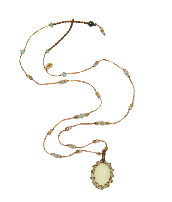 Collier Court Tibétain - Calcédoine verte - Mix Emeraude - Fil Tabac