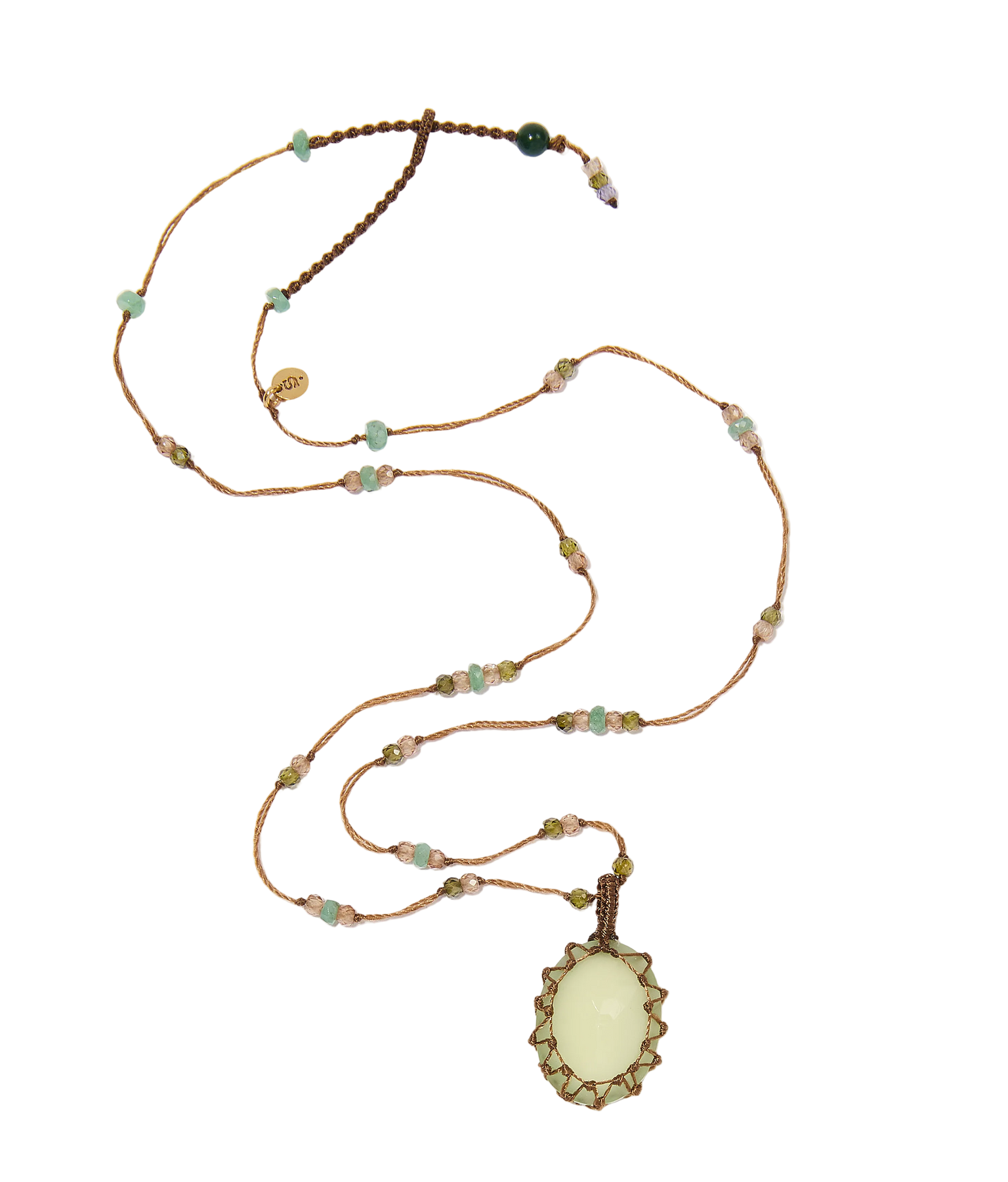 Collier Court Tibétain - Calcédoine verte - Mix Emeraude - Fil Tabac