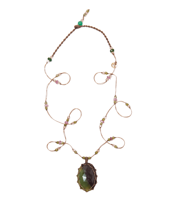 Collier Court Tibétain - Chrysoprase Bicolore - Mix Tourmaline - Fil Tabac