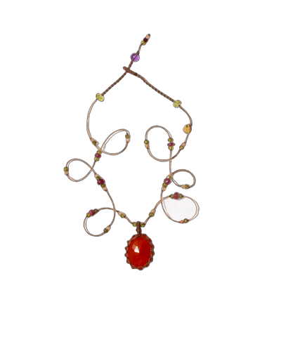 Collier Court Tibétain - Cornaline - Mix Tourmaline Rose - Fil Tabac