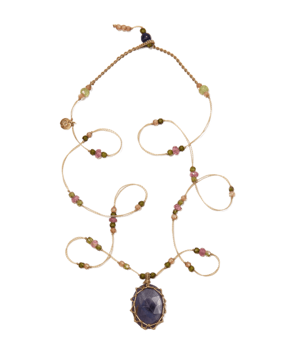 Collana Corta Tibetana - Corindone Blu - Mix Tormalina - Filo Beige