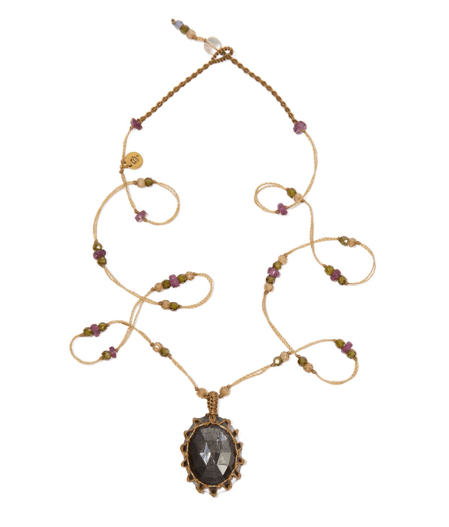 Collier Court Tibétain Sharing en Corundum Rose, fil beige, 53 cm