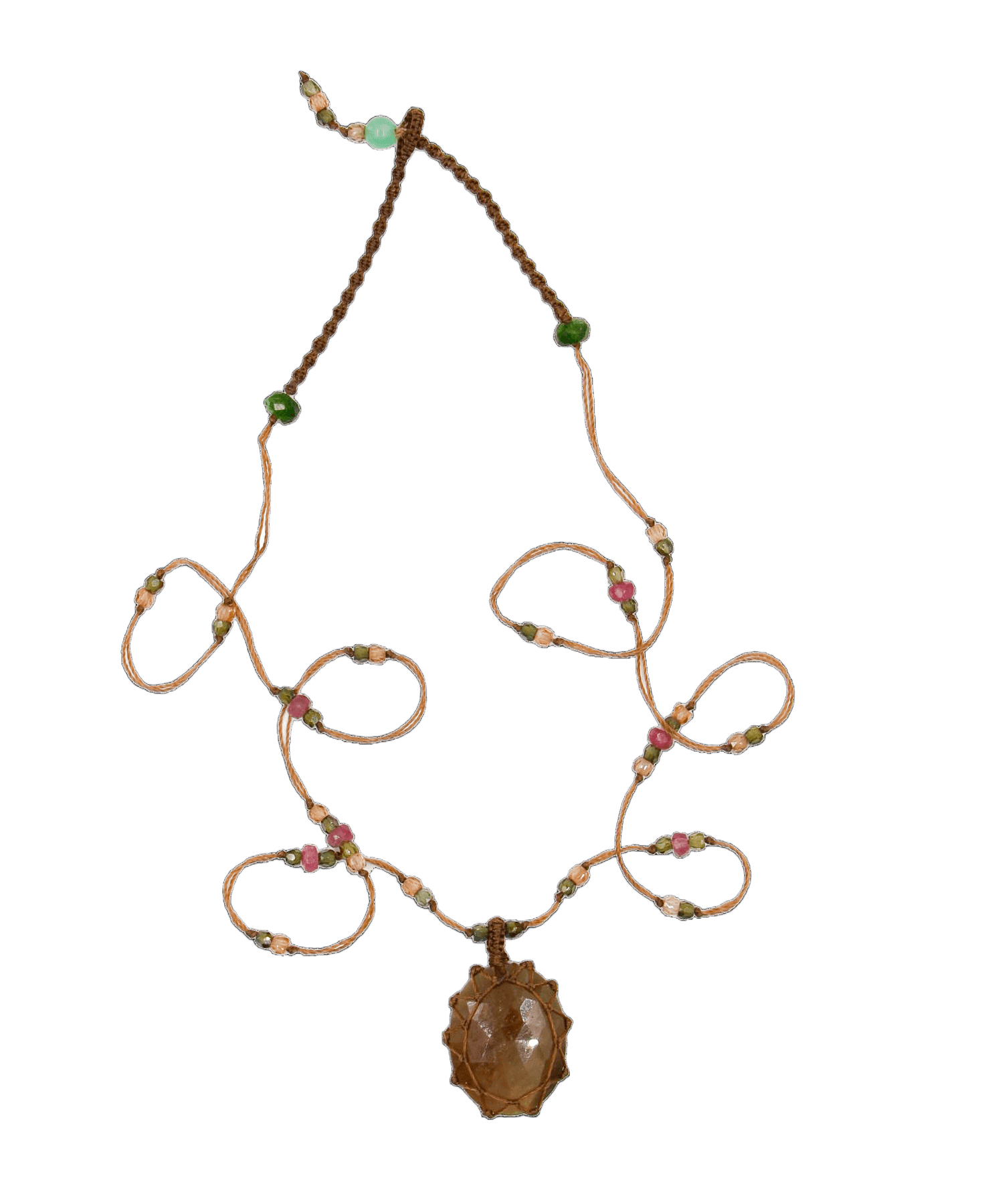 Collier Court Tibétain Sharing en Corundum Rose, fil tabac, 53 cm