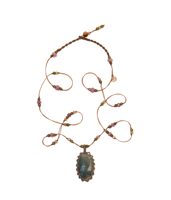 Collier Court Tibétain - Corundum - Mix Tourmaline - Fil Tabac