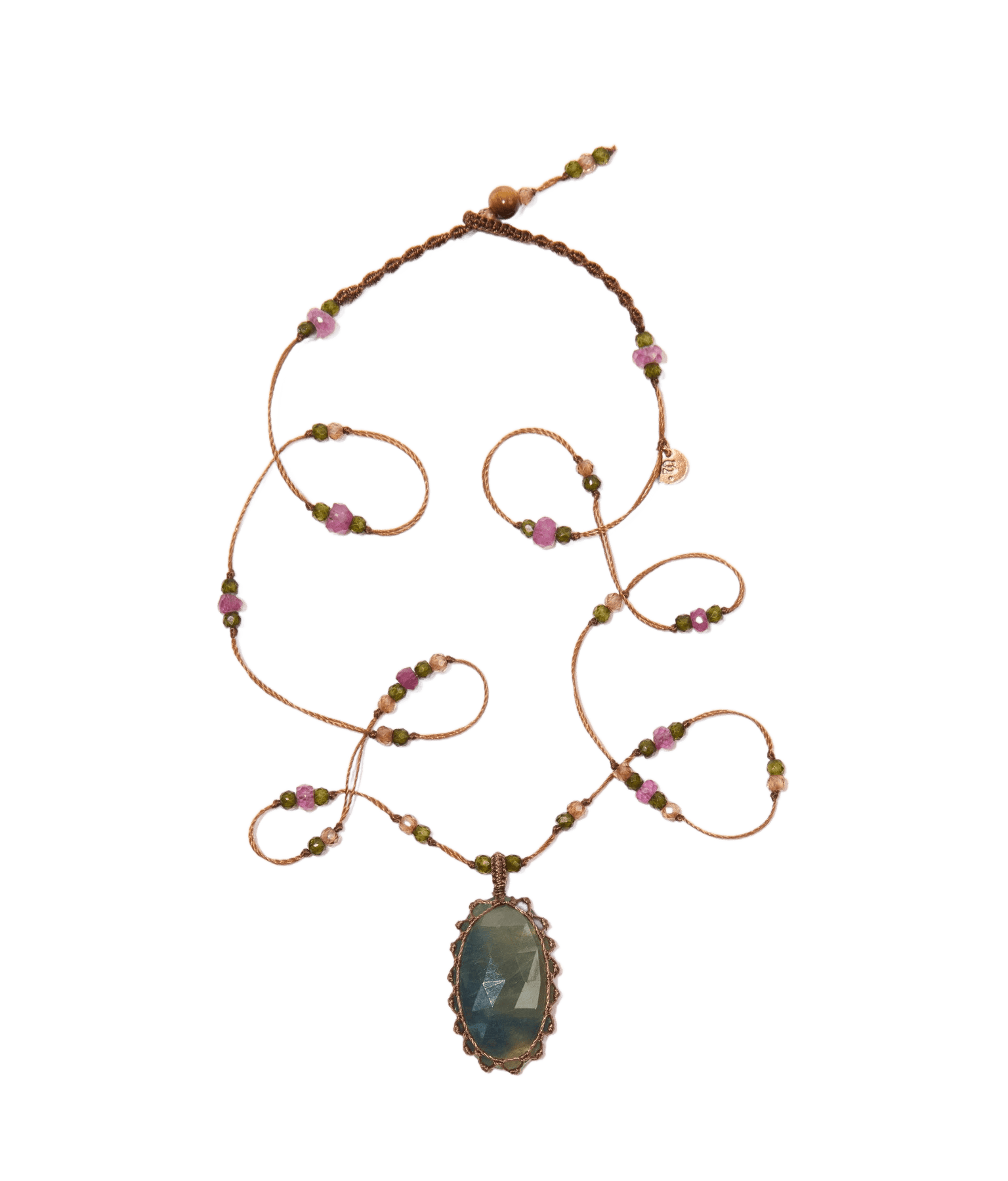 Collier Court Tibétain Sharing en Corundum Rose, fil tabac, 53 cm