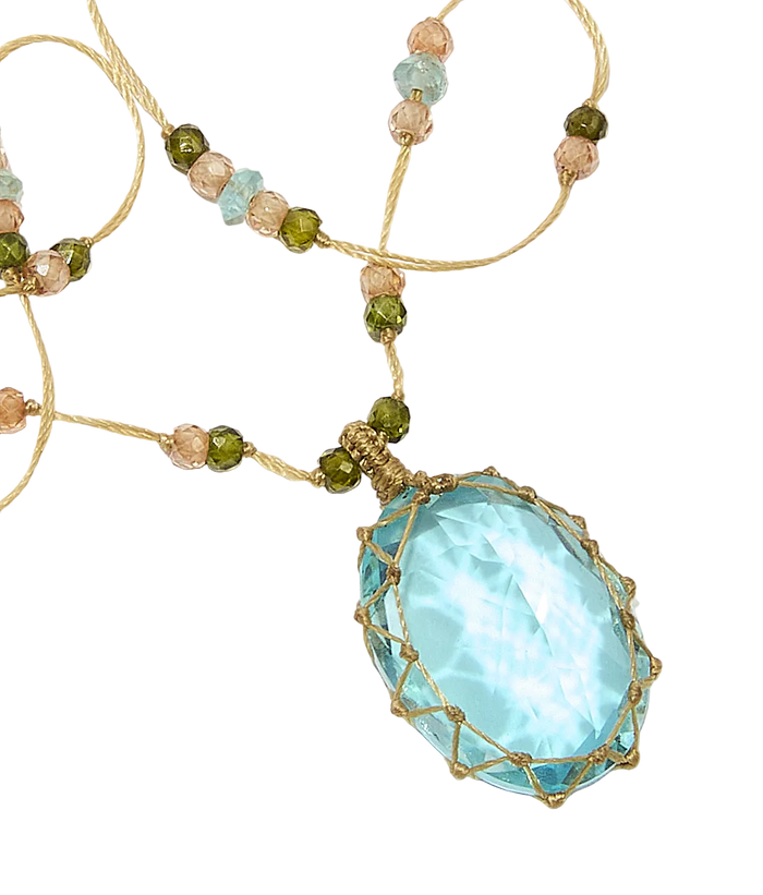 Collier Court Tibétain | Dublet paraiba - Fil Beige & Aquamarine