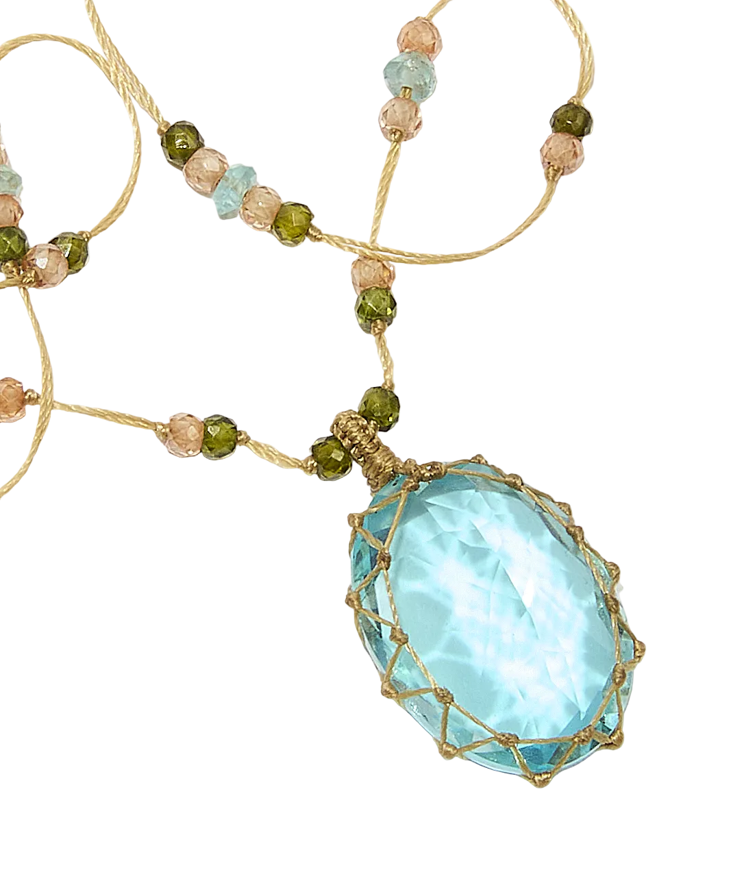 Collier Court Tibétain | Dublet paraiba - Fil Beige & Aquamarine