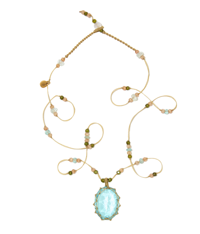 Collier Court Tibétain | Dublet paraiba - Fil Beige & Aquamarine