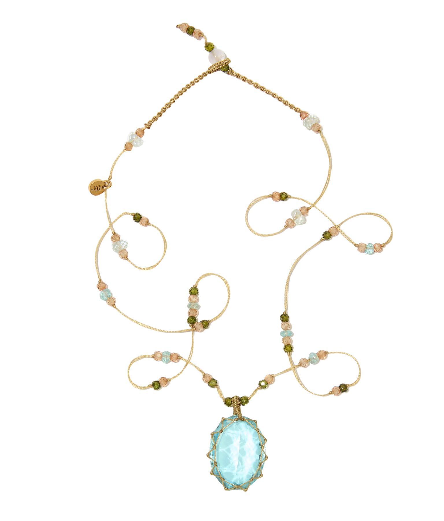 Collier Court Tibétain | Dublet paraiba - Fil Beige & Aquamarine