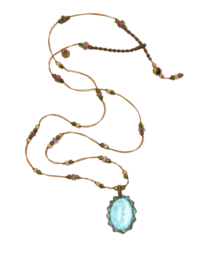 Collier Court Tibétain | Dublet paraiba - Fil Tabac & Tourmaline