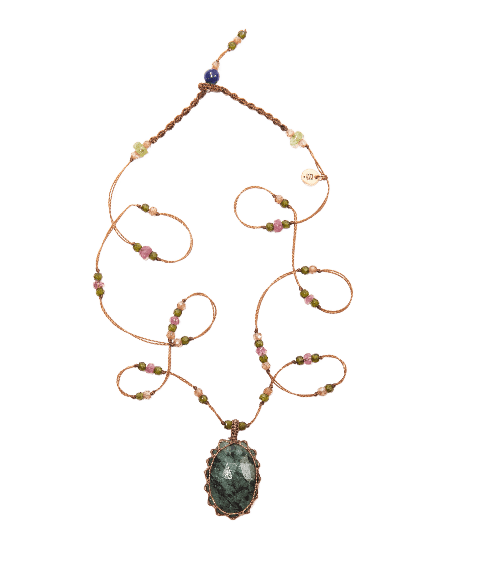 Collier Court Tibétain Sharing en Émeraude, fil tabac, 53 cm