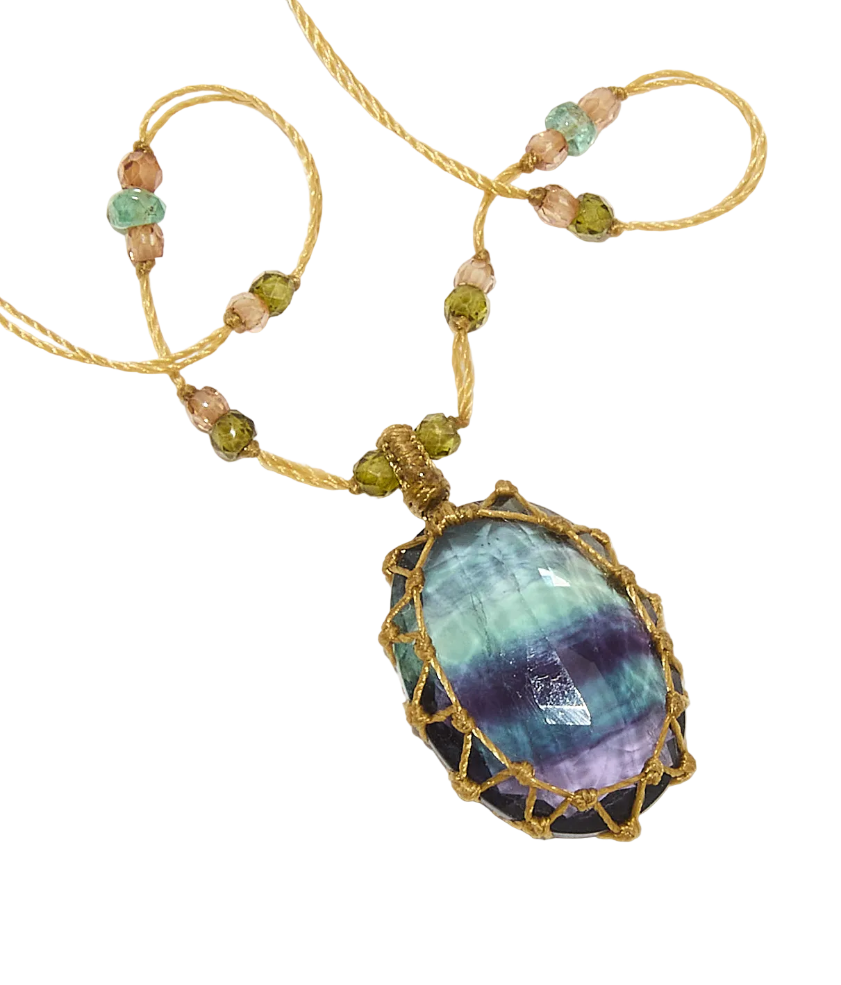 Collier Court Tibétain - Fluorite rainbow - Fil Beige & Emeraude