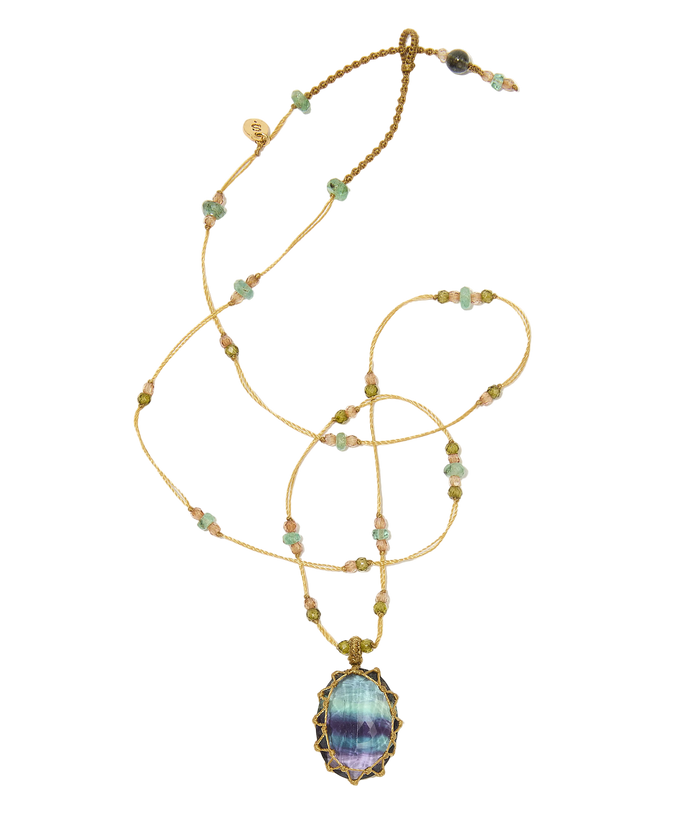 Collier Court Tibétain - Fluorite rainbow - Fil Beige & Emeraude