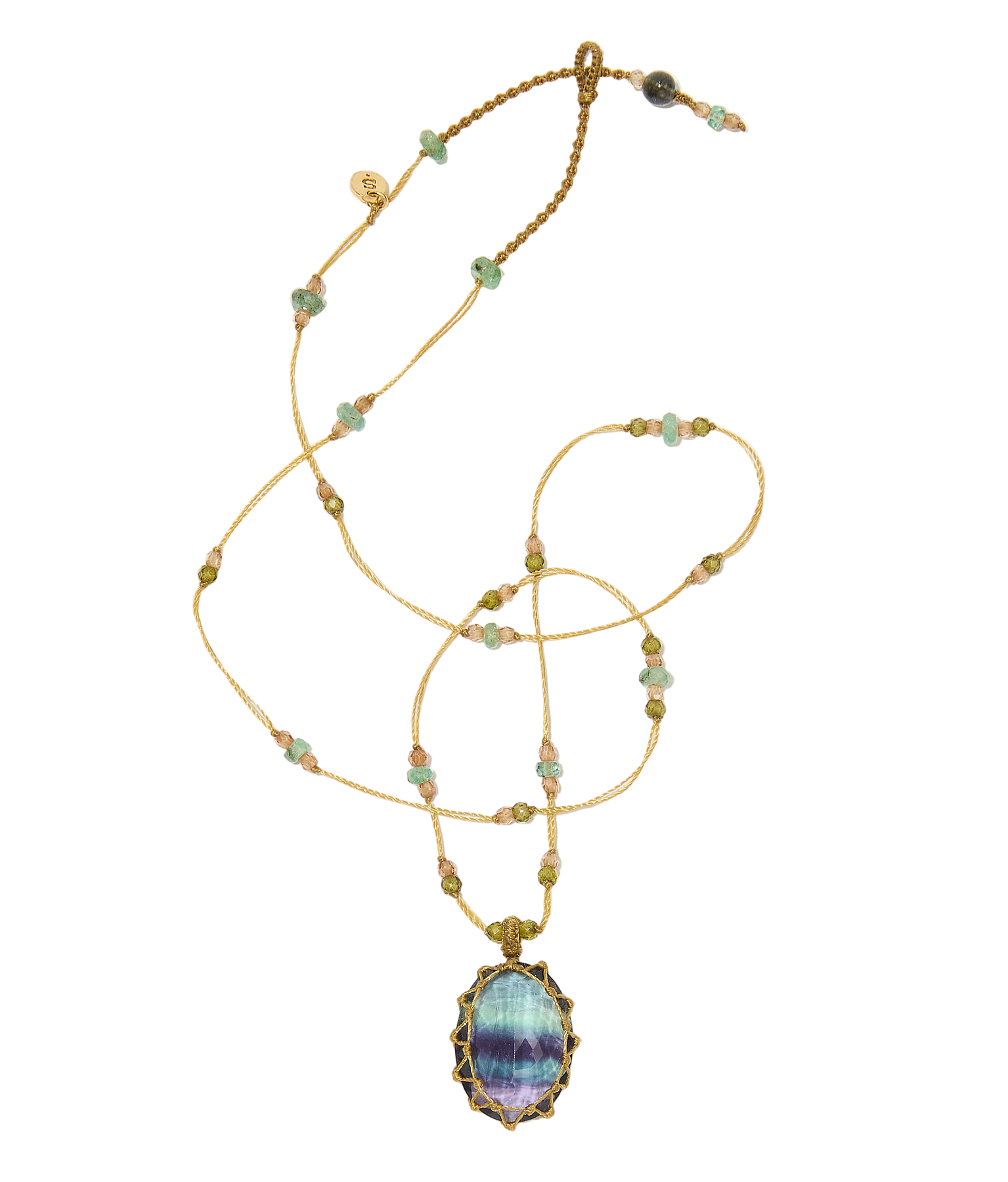 Collier Court Tibétain - Fluorite rainbow - Fil Beige & Emeraude