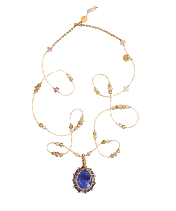 Collier Court Tibétain - Glassfilled Bleu - Mix Tourmaline - Fil Beige