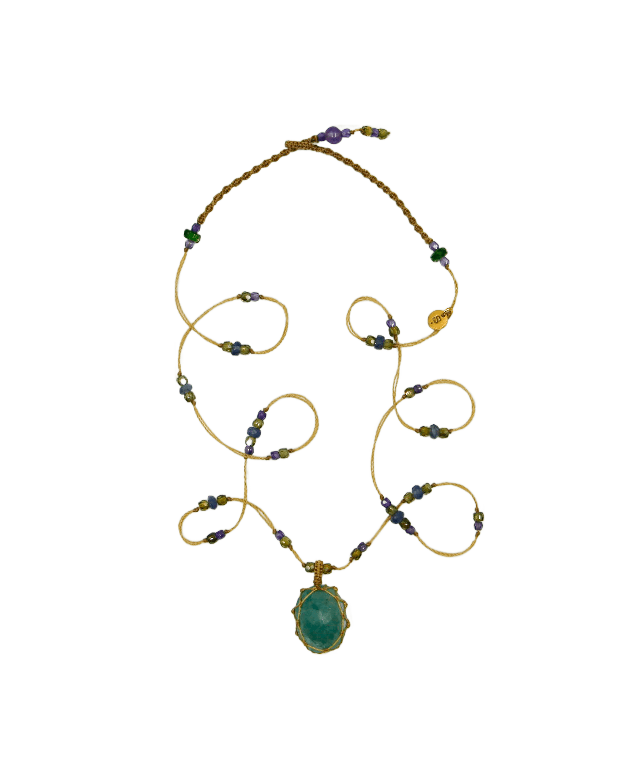 Collier Court Tibétain Sharing en Grandidierite, fil beige, 53 cm