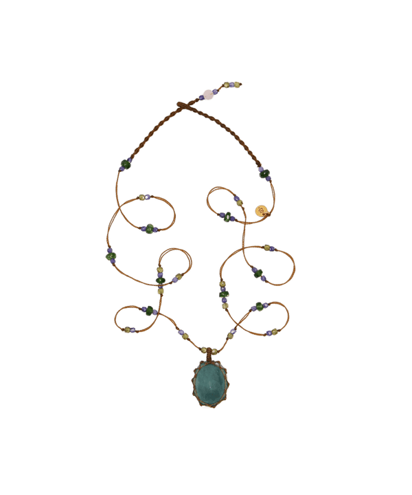 Collana Corto Tibetano - Grandidiérite - Mix Tsavorite - Filo Tabacco