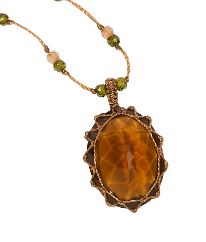Collier Court Tibétain - Honey quartz - Mix rubis - Fil Tabac