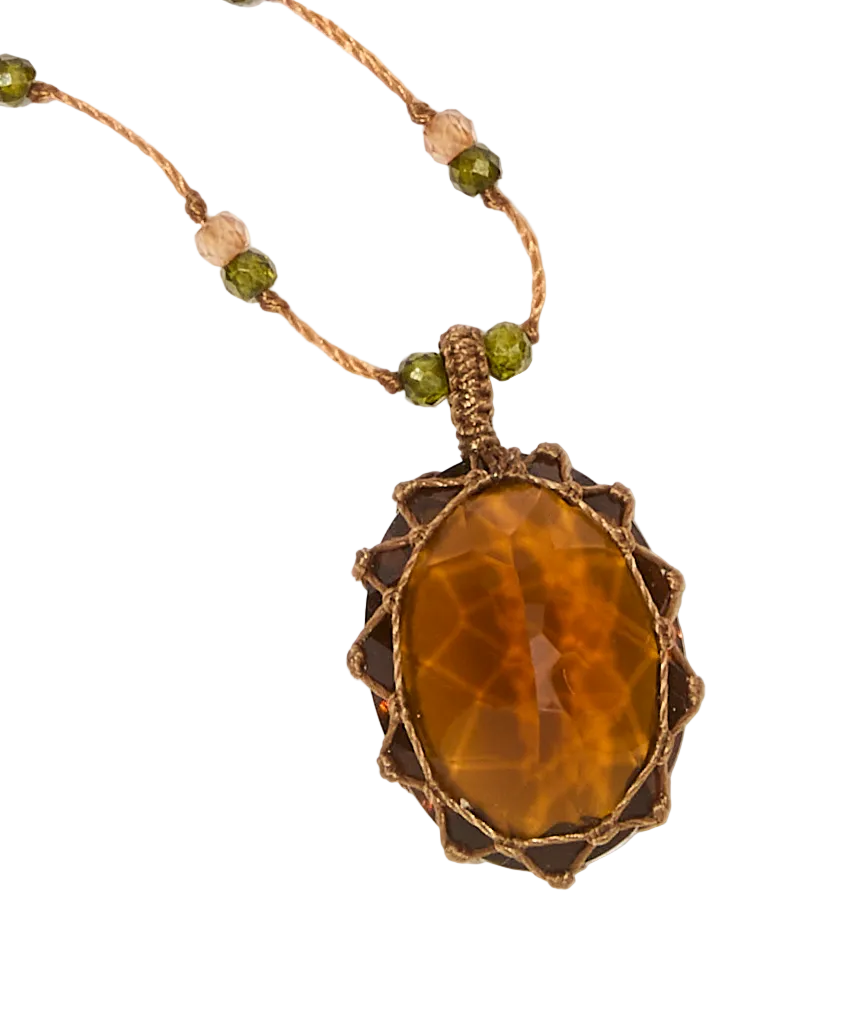 Collier Court Tibétain - Honey quartz - Mix rubis - Fil Tabac